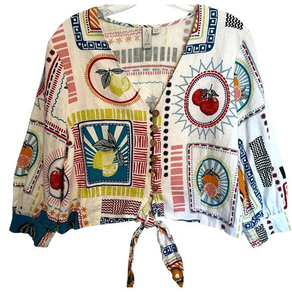 J. Joie Graphic Fruit Print Top Womens XL White Colorful Linen V-Neck Tie Hem - Picture 1 of 8